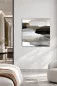 Preview: TERRA N°1 abstract canvas artwork in taupe and earthy tones displayed in a bright contemporary hotel room