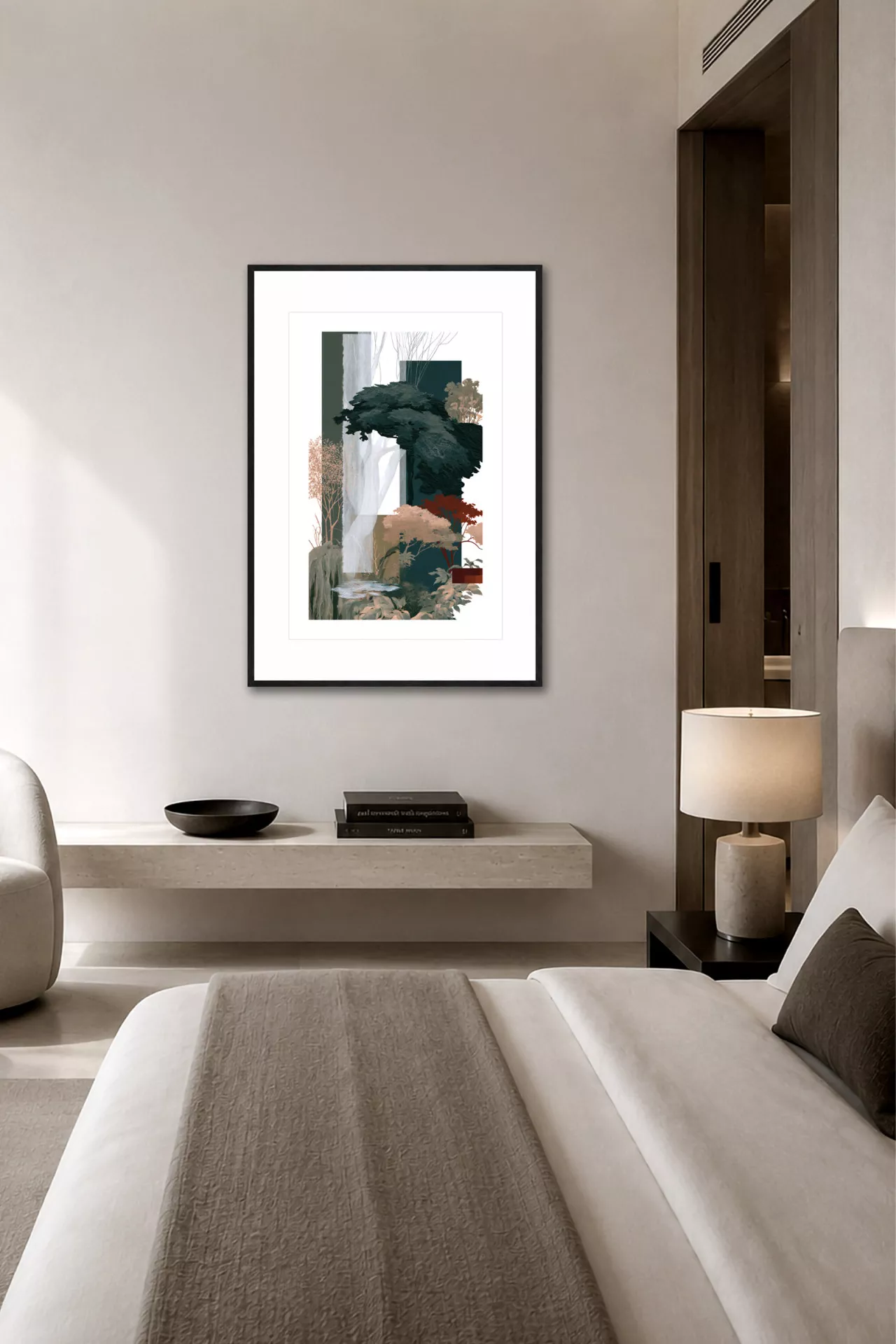 FOREST EDIT V moderne gerahmte Wandkunst in einem eleganten Schlafzimmer in warmen Naturtönen