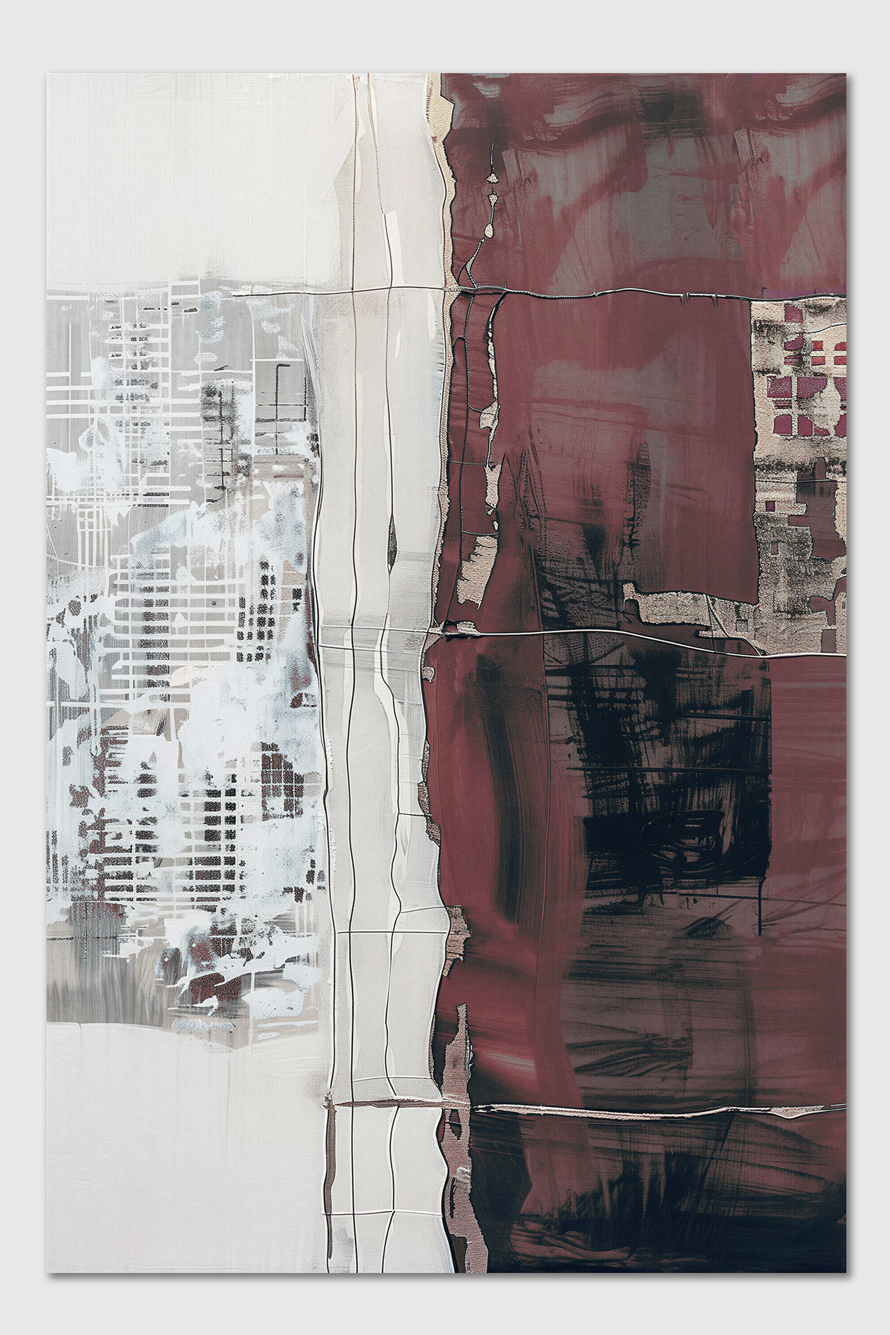 CROSBY abstraktes Leinwandbild in Burgundy, Off-White und Schwarz