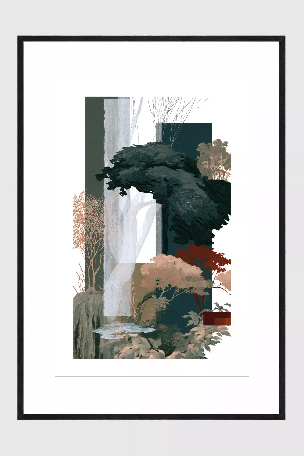 FOREST EDIT V gerahmter Fine Art Print mit abstrakten Baumformen in tiefem Petrol, Rostrot und warmen Naturtönen