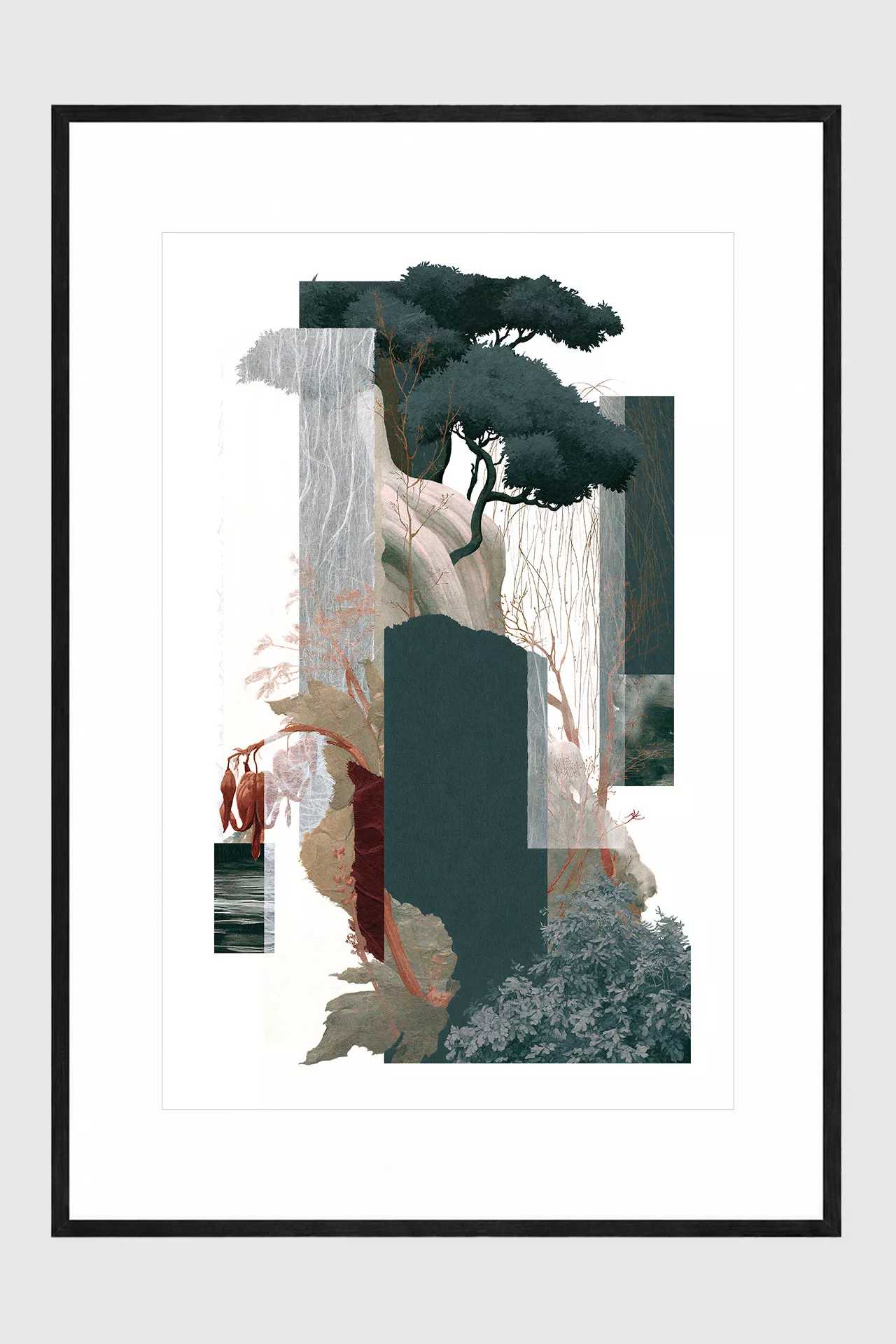 FOREST EDIT II gerahmter Fine Art Print mit abstrakten Baumfragmenten in Petrol und Naturtönen