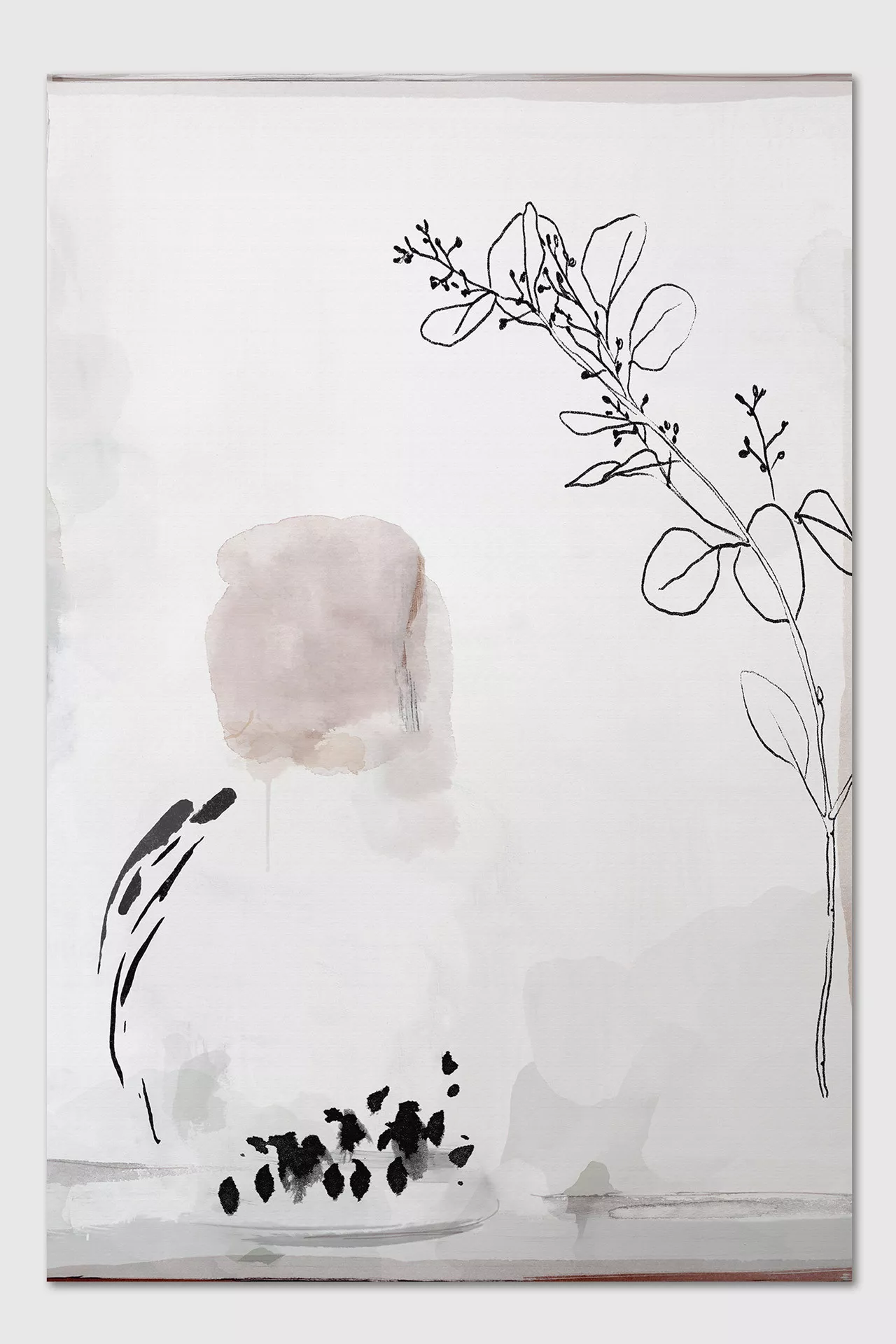 GRACE abstract canvas artwork with black botanical line drawing, blush beige and soft greyGRACE abstraktes Leinwandbild mit botanischem Motiv in hellem modernem Wohnraum