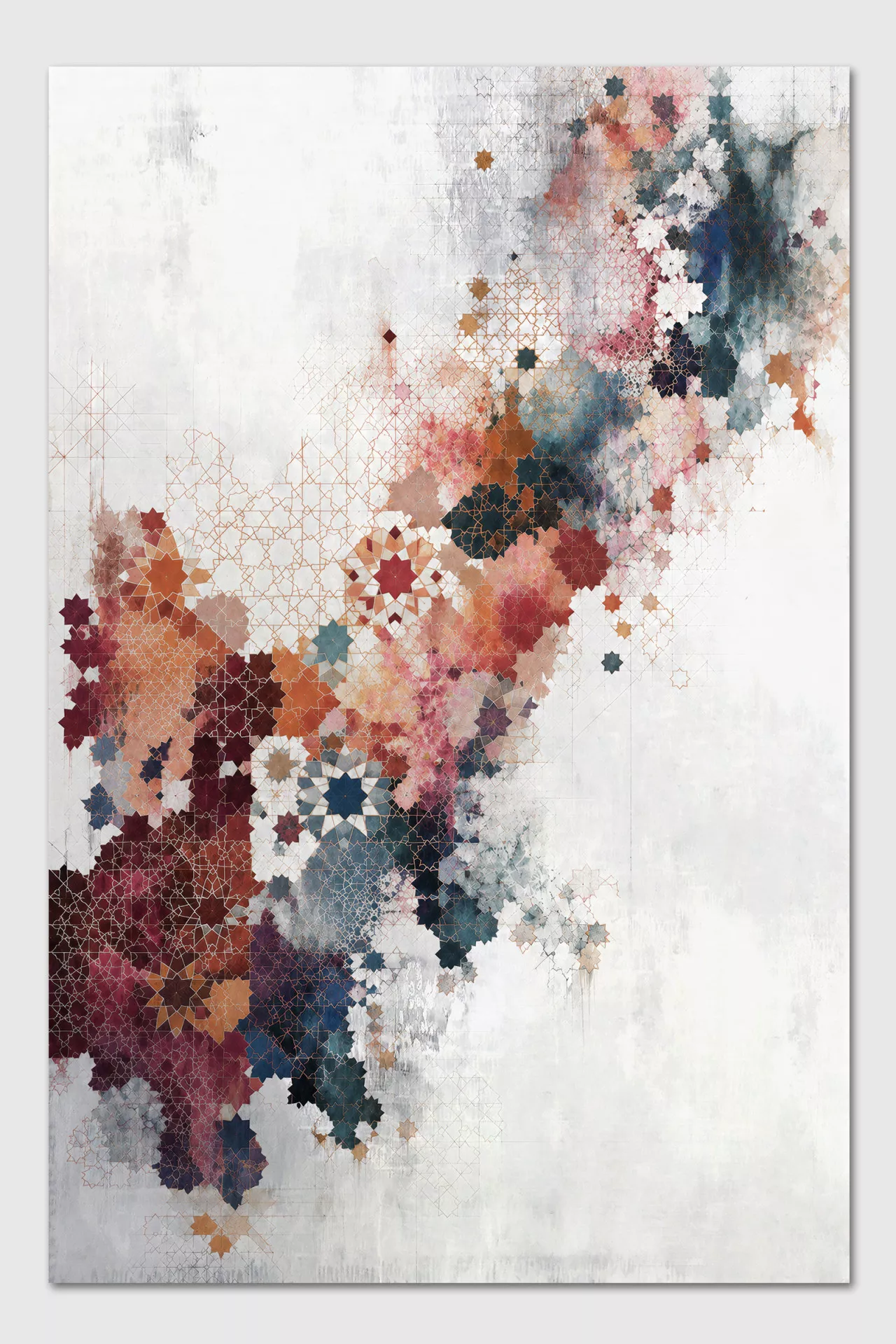 NOUR abstrakte Arabic Art auf Leinwand mit arabischer Geometrie in Bordeaux Terracotta Petrol Blau und Rosé