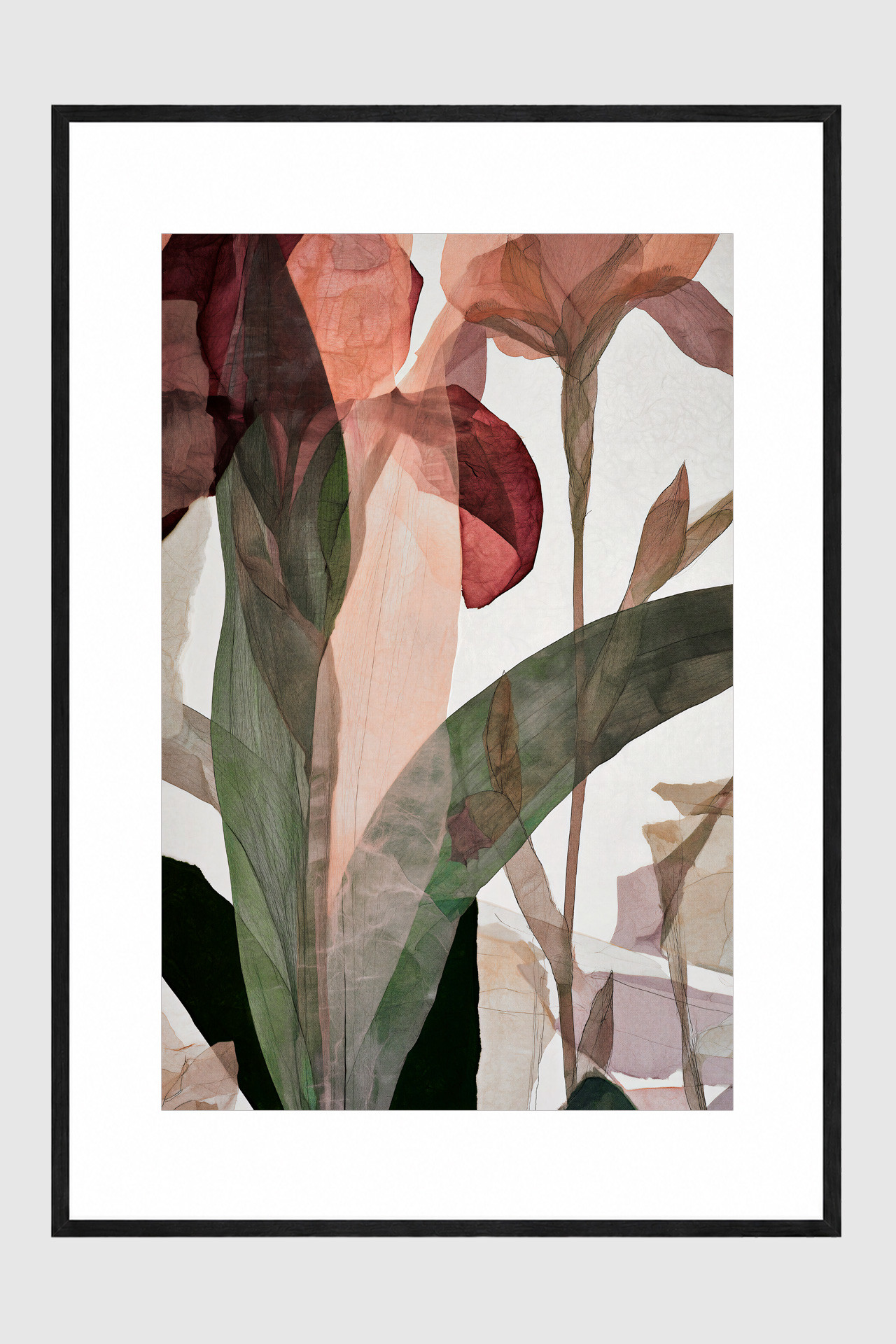 PETAL CLUB IV gerahmter Fine Art Print mit abstrakten floralen Formen in Bordeaux Apricot und Grün