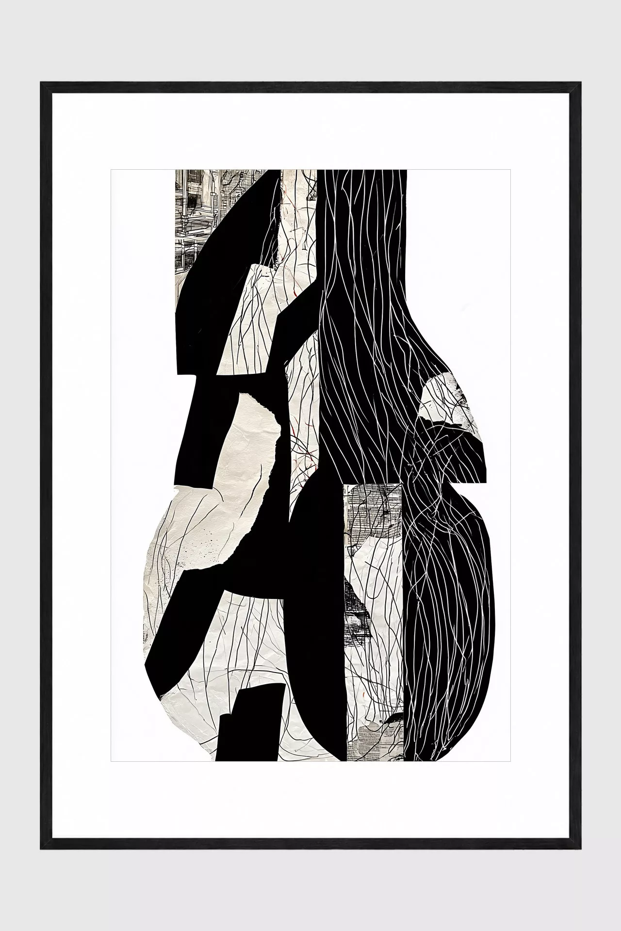 STUDIO NOTES – abstrakte Schwarz-Weiß-Collage als gerahmter Fine Art Print mit weißem Passepartout und mattschwarzem Rahmen