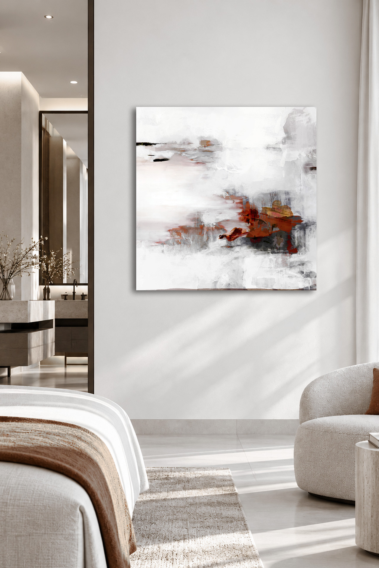 ROSEWOOD abstract canvas artwork displayed in a bright contemporary bedroom