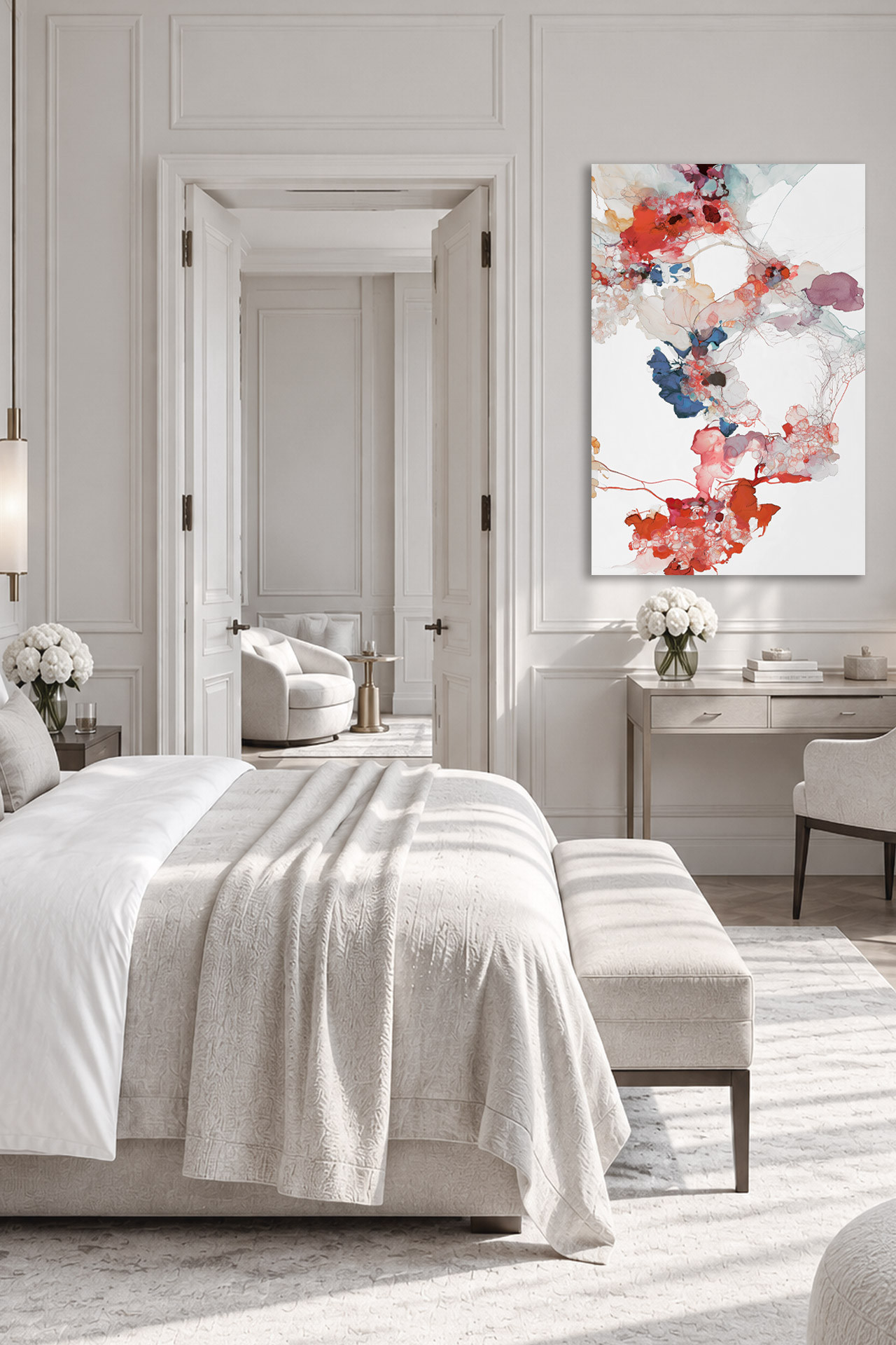 HALCYON modernes abstraktes Leinwandbild im eleganten weißen Schlafzimmer