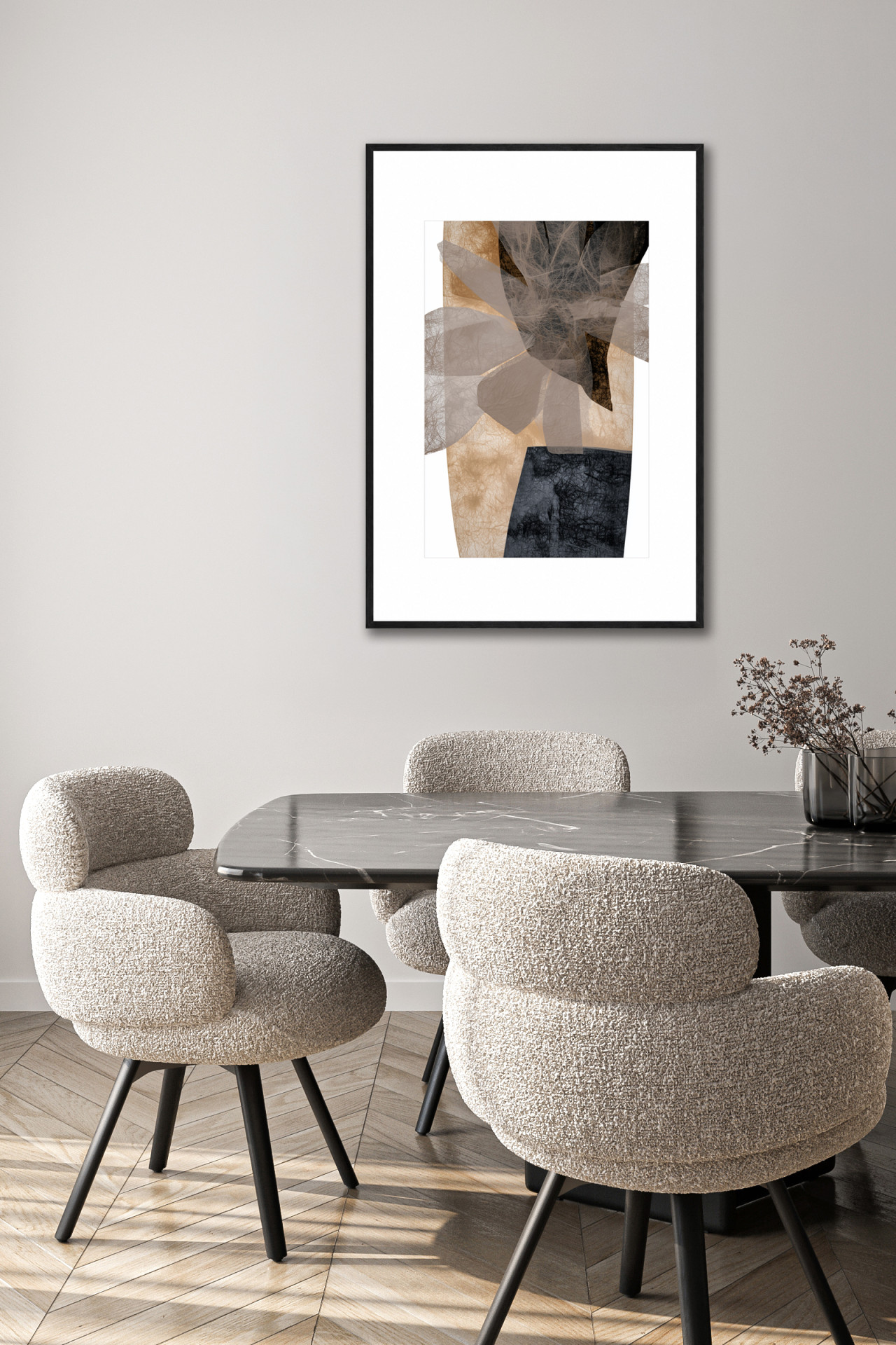 TRAME gerahmte abstrakte Kunst im modernen Esszimmer