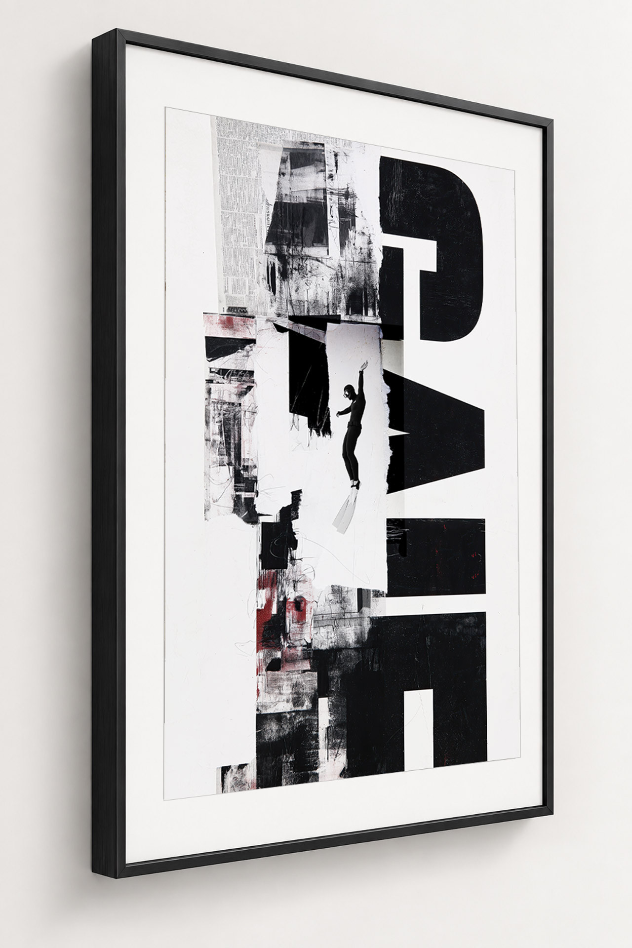 OFF SCRIPT framed Fine Art Print with white mount and matte black frame shown from an angle