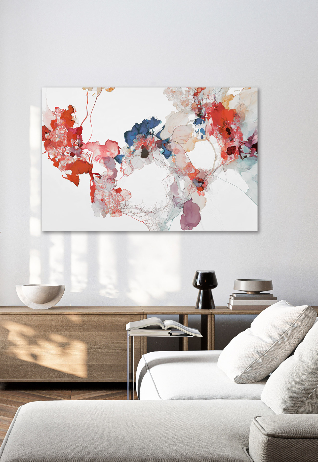 HALCYON abstraktes Leinwandbild im Querformat mit Korallrot und Blau im modernen Wohnzimmer