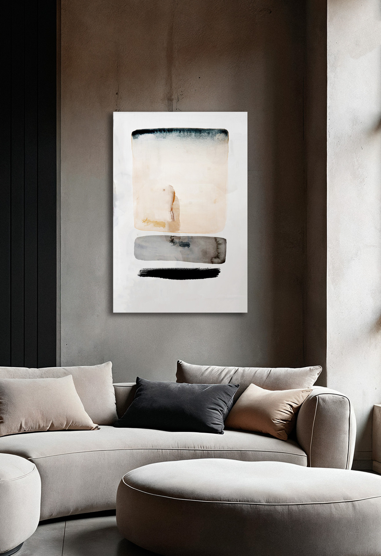 VOYAGE abstraktes Leinwandbild in warmem modernem Wohnzimmer