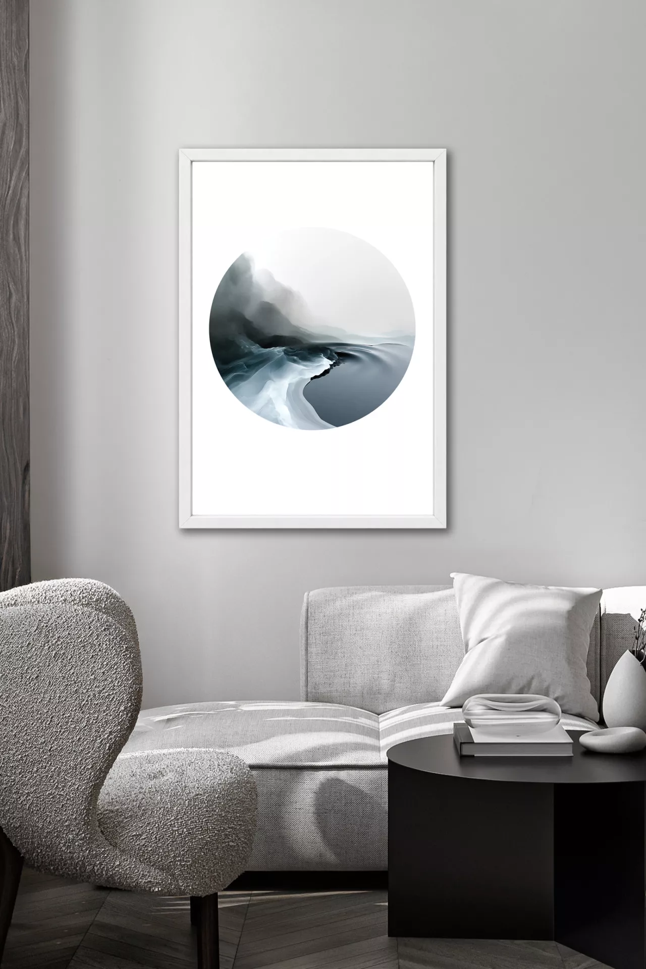 SEA SALT I gerahmter Kunstdruck im weißen Rahmen in modernem Wohnzimmer