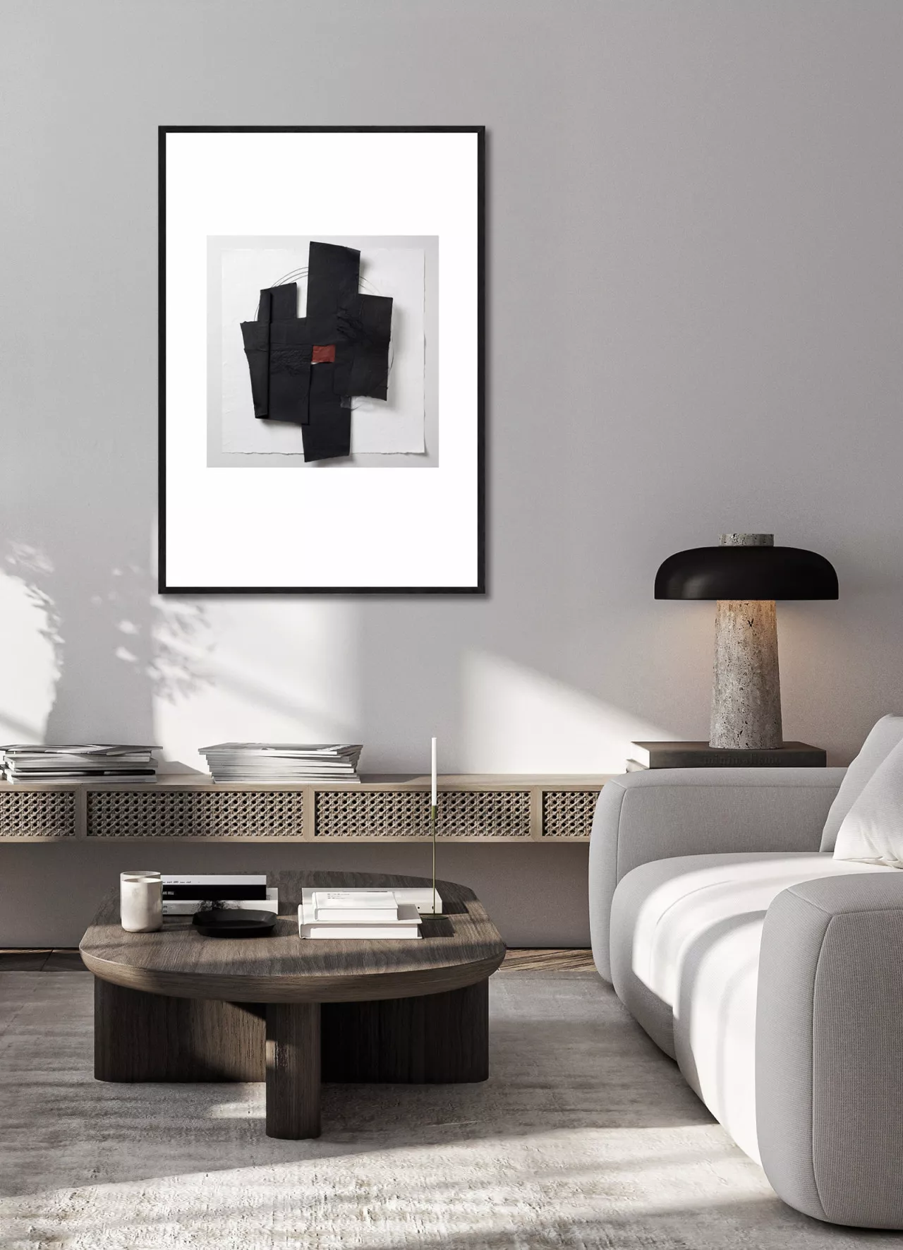 PLI NOIR gerahmter Fine Art Print in modernem Wohnzimmer