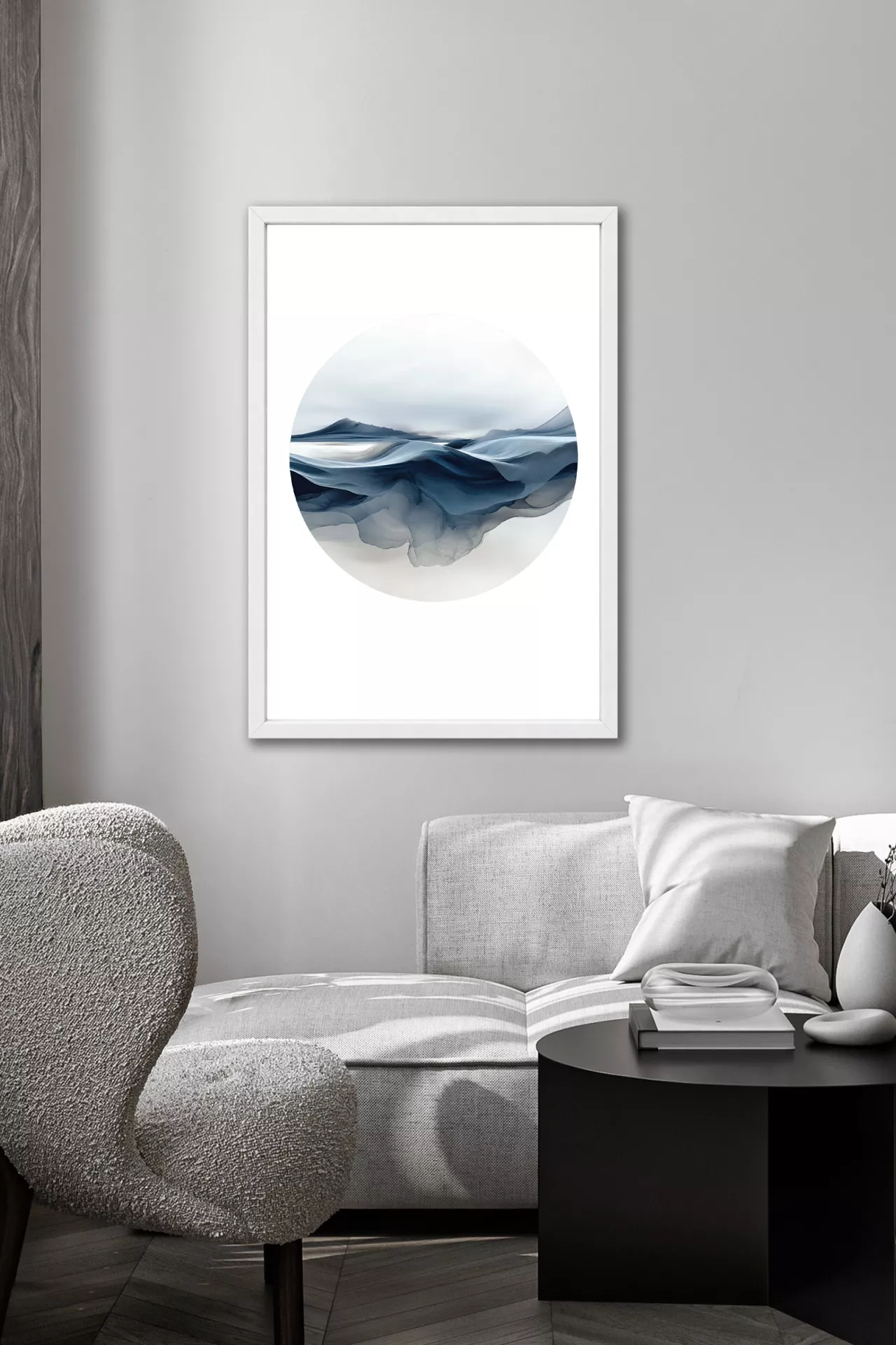 SEA SALT II gerahmte abstrakte Kunst in Blau und Grau im modernen Interior