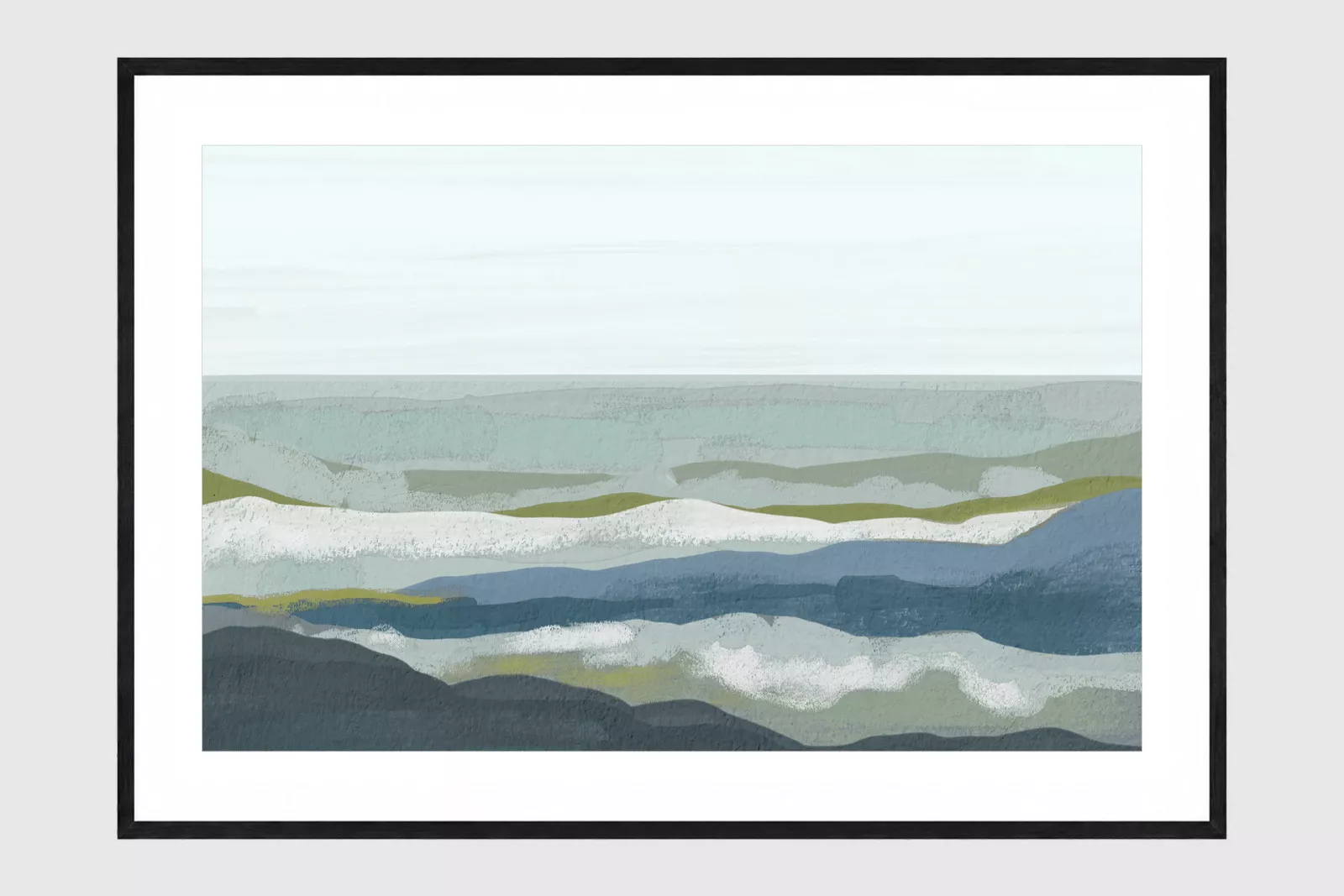 SOFT TIDE abstrakte Meereslandschaft in Blau- und Grüntönen mit weißem Passepartout und mattschwarzem Rahmen