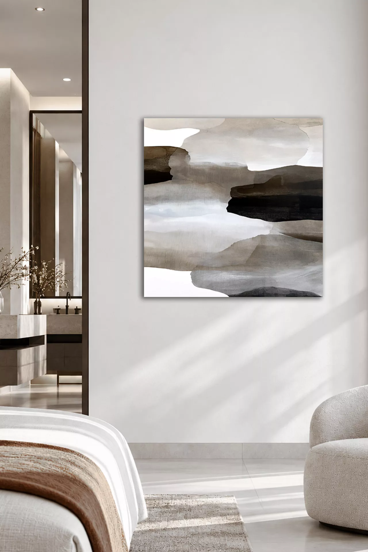 TERRA N°1 abstract canvas artwork in taupe and earthy tones displayed in a bright contemporary hotel room