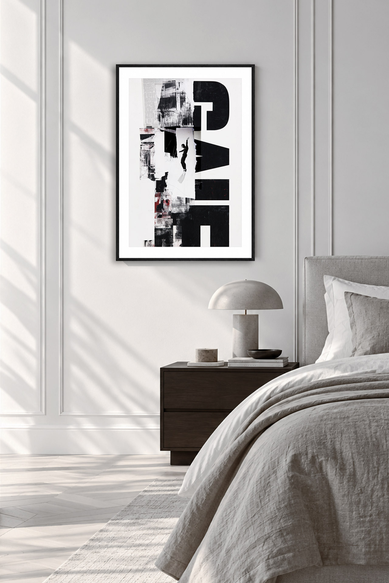 OFF SCRIPT black and white Urban Art print in bright modern bedroom with taupe linen bedding