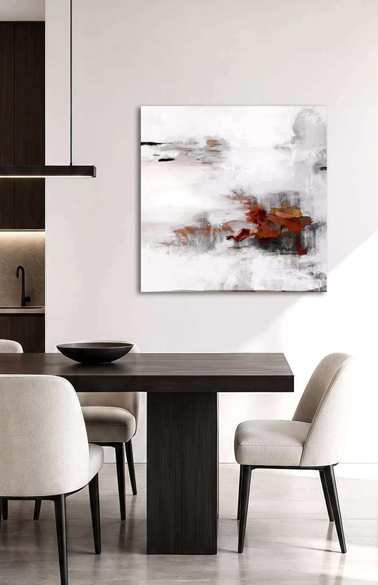 ROSEWOOD abstraktes Leinwandbild in einem modernen Essbereich