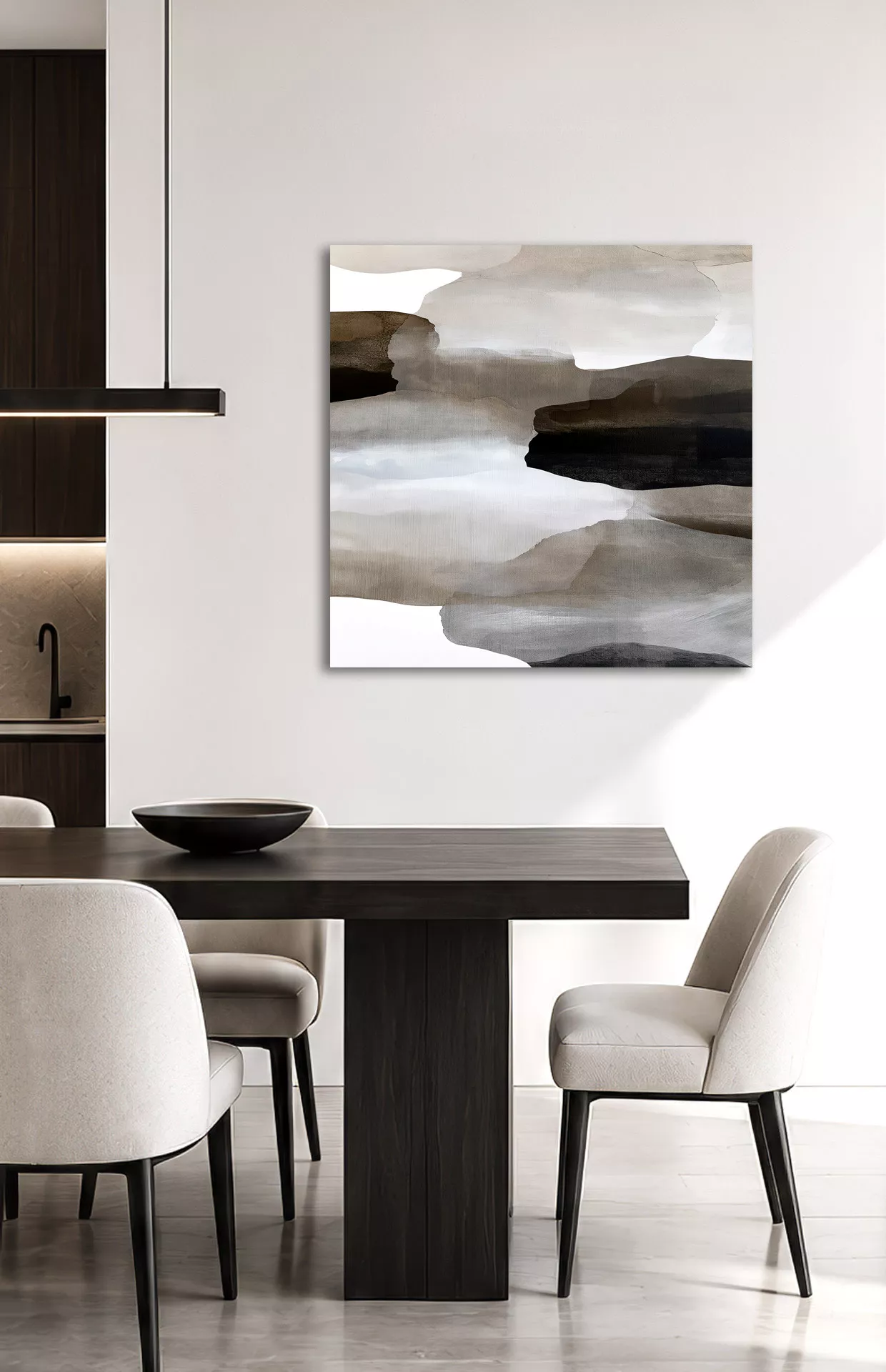 TERRA N°1 abstract canvas artwork displayed in a contemporary dining room with a dark wood table