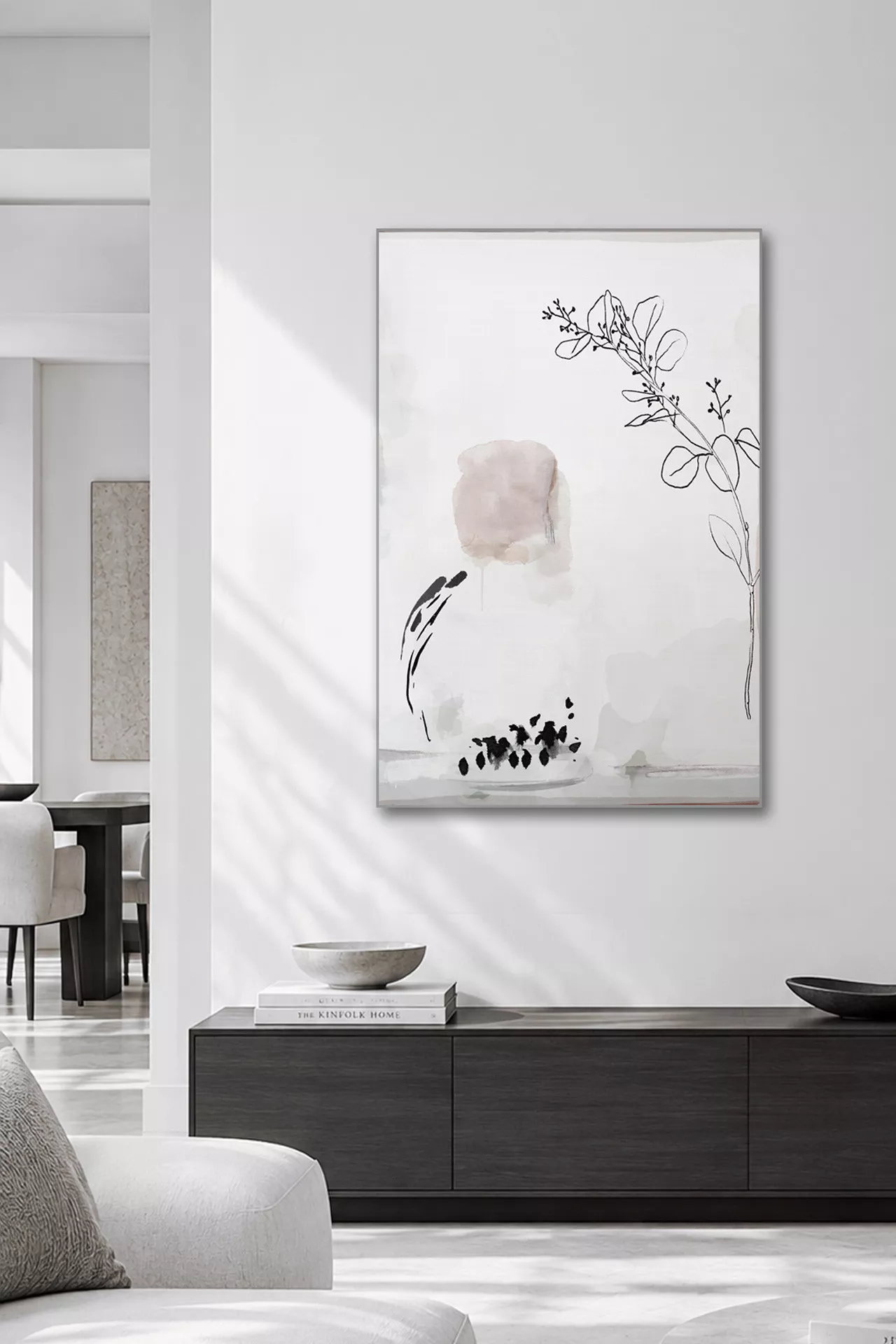 GRACE abstract botanical canvas artwork in a bright contemporary living room