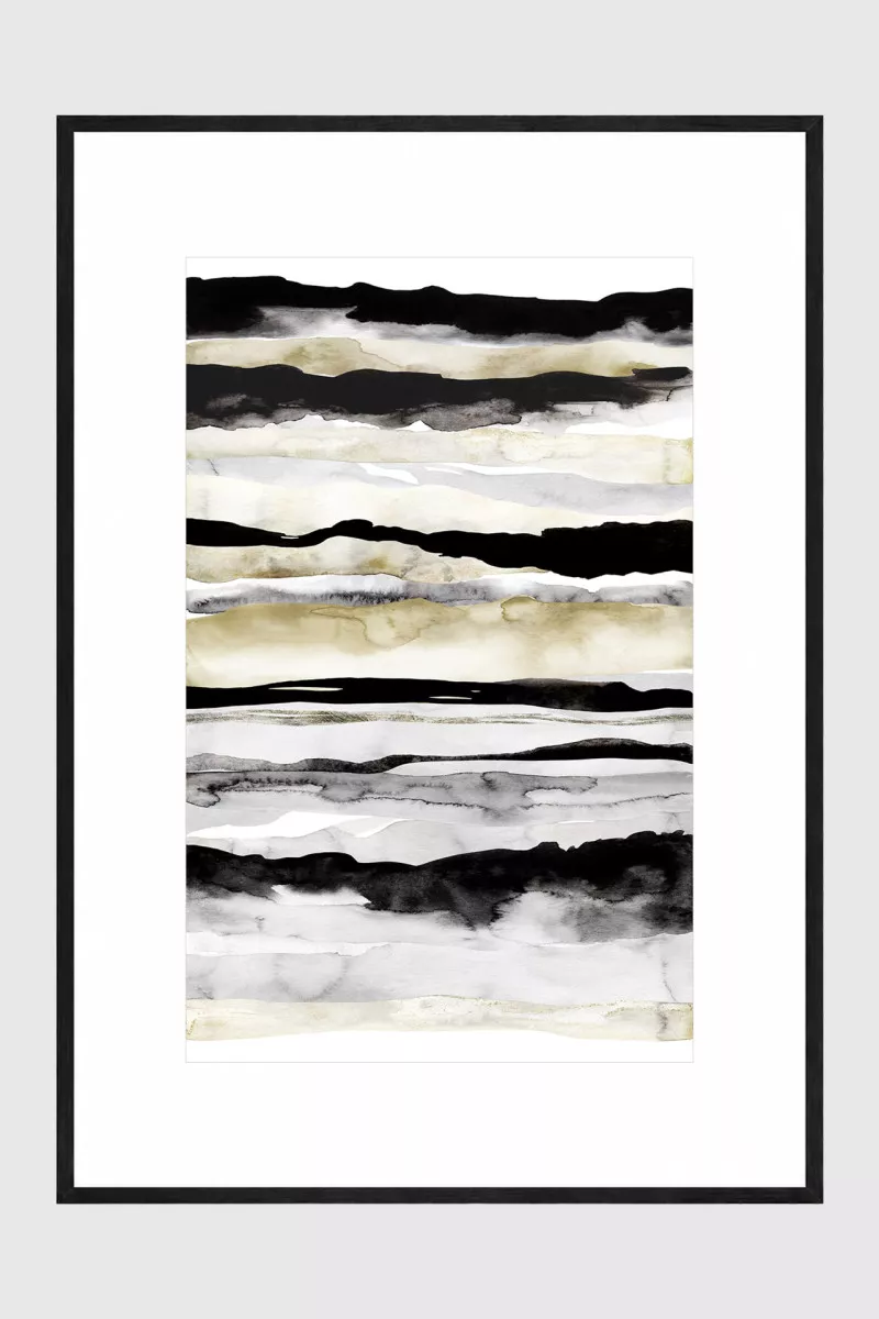 AT EASE framed abstract watercolour print in black, grey and sand with white mat and matte black frame