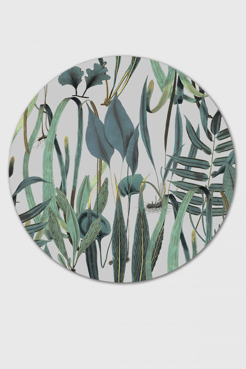 HLOE rundes botanisches Leinwandbild mit tropischen Blättern in Salbeigrün und Petrol