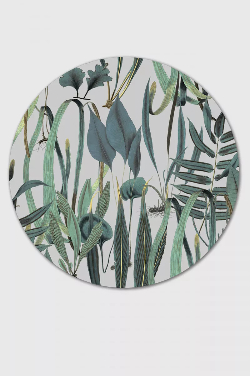 HLOE rundes botanisches Leinwandbild mit tropischen Blättern in Salbeigrün und Petrol