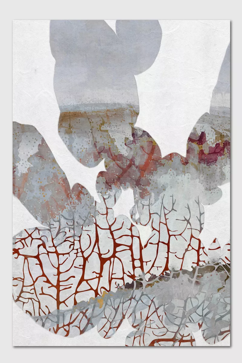 CORAL FRAGMENTS abstraktes Leinwandbild in Blaugrau, Koralle und Rostrot