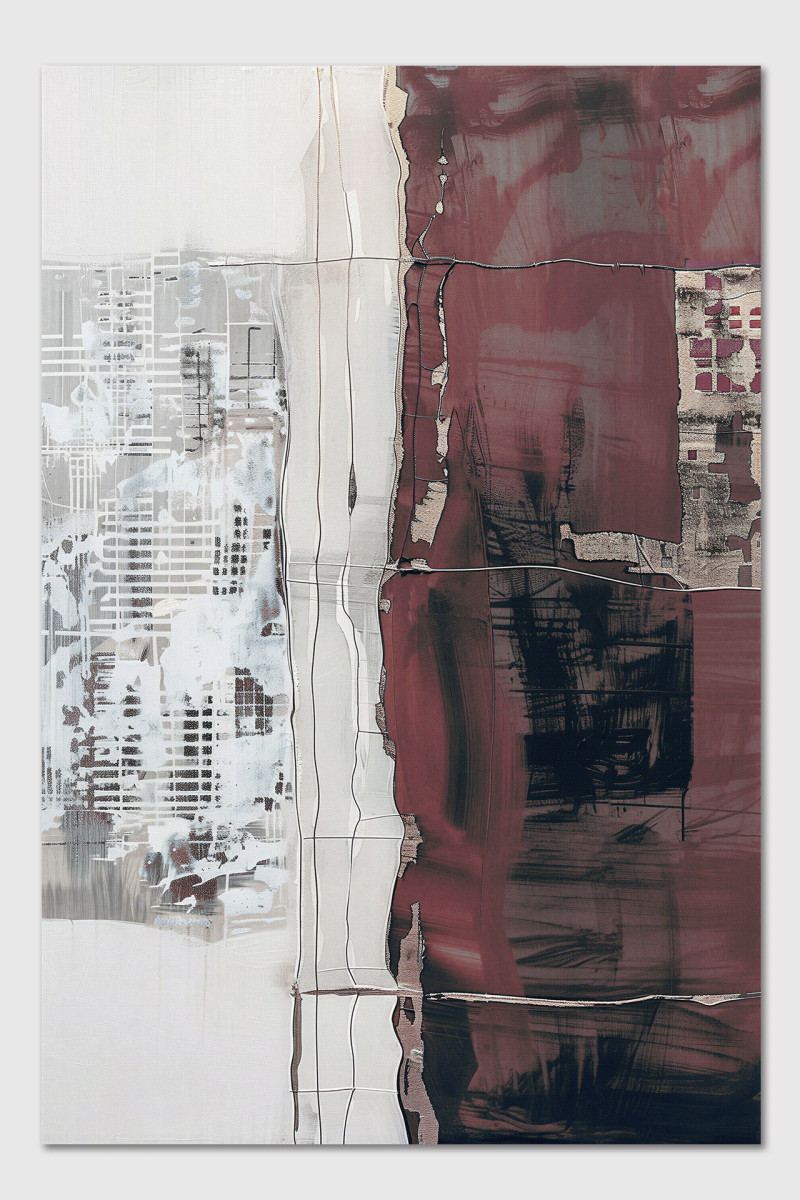 CROSBY abstraktes Leinwandbild in Burgundy, Off-White und Schwarz