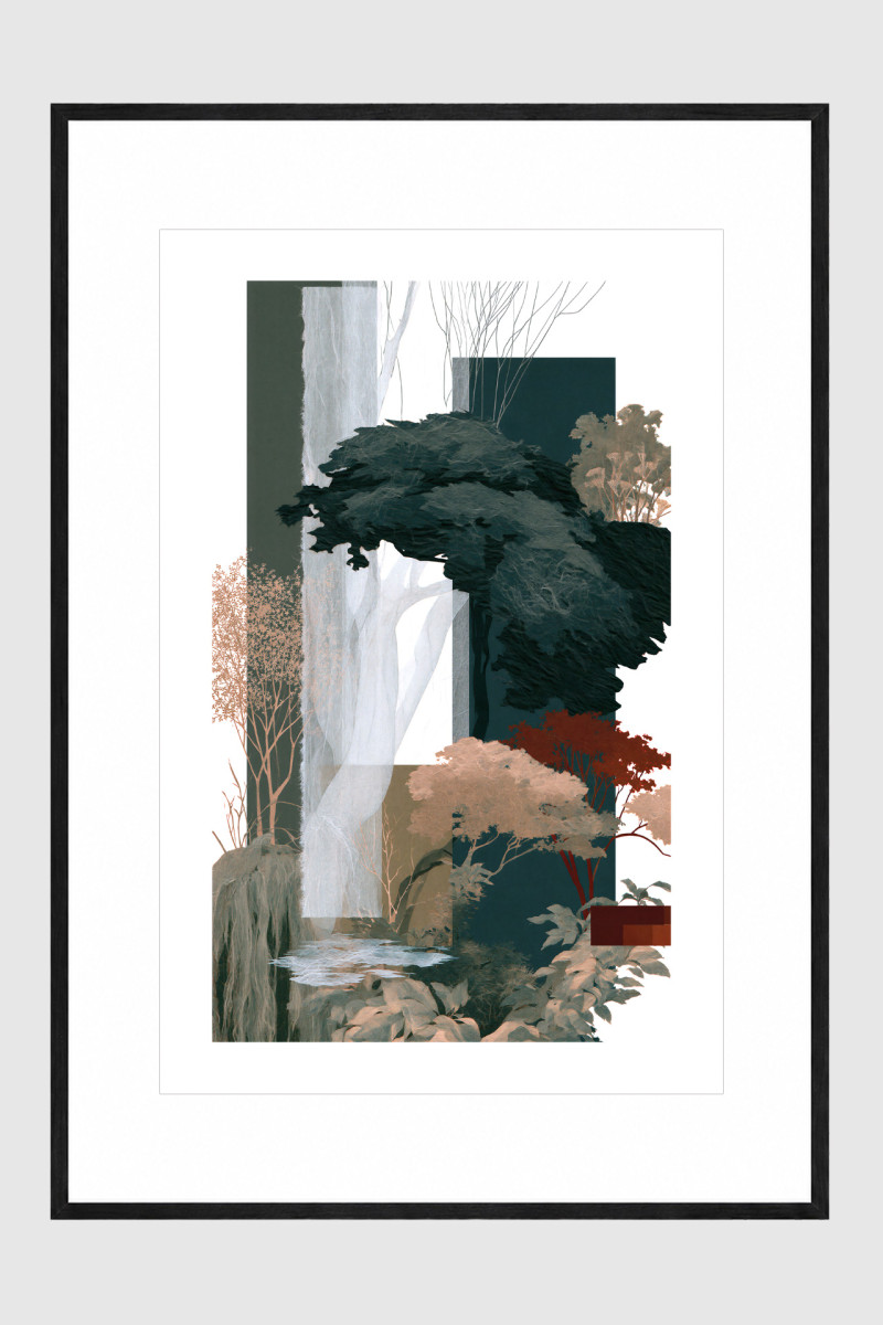 FOREST EDIT V gerahmter Fine Art Print mit abstrakten Baumformen in tiefem Petrol, Rostrot und warmen Naturtönen