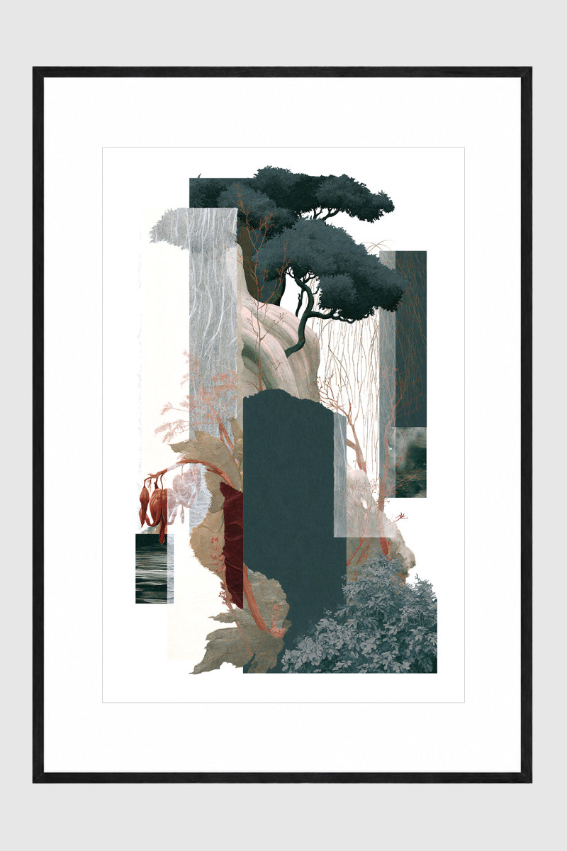 FOREST EDIT II gerahmter Fine Art Print mit abstrakten Baumfragmenten in Petrol und Naturtönen
