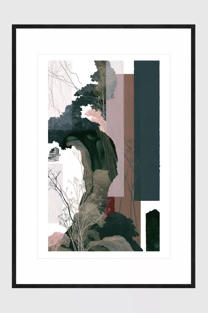 FOREST EDIT III gerahmter Fine Art Print mit abstrakten Baumformen in Petrol, Rosé und Taupe