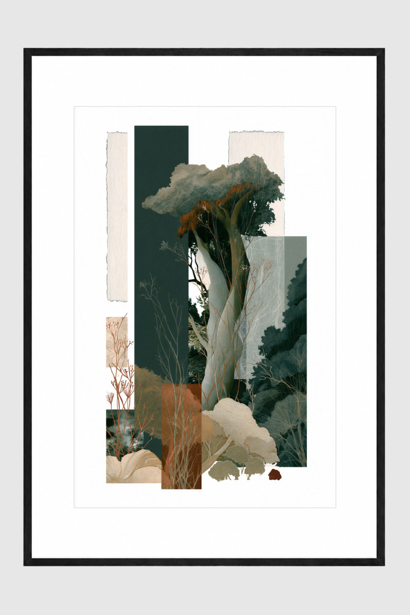 FOREST EDIT IV gerahmter Fine Art Print mit abstrakten Baumfragmenten in Petrol, Rost und Naturtönen