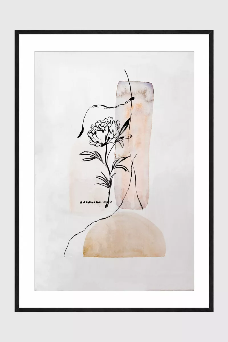 GENTLE gerahmter Fine Art Print mit botanischer Tuschezeichnung, Apricottönen und weißem Passepartout
