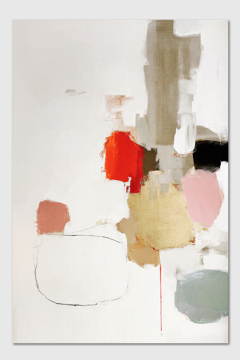 GINDERELLA abstrakter Kunstdruck auf Leinwand mit Rot, Beige und sanften Naturtönen