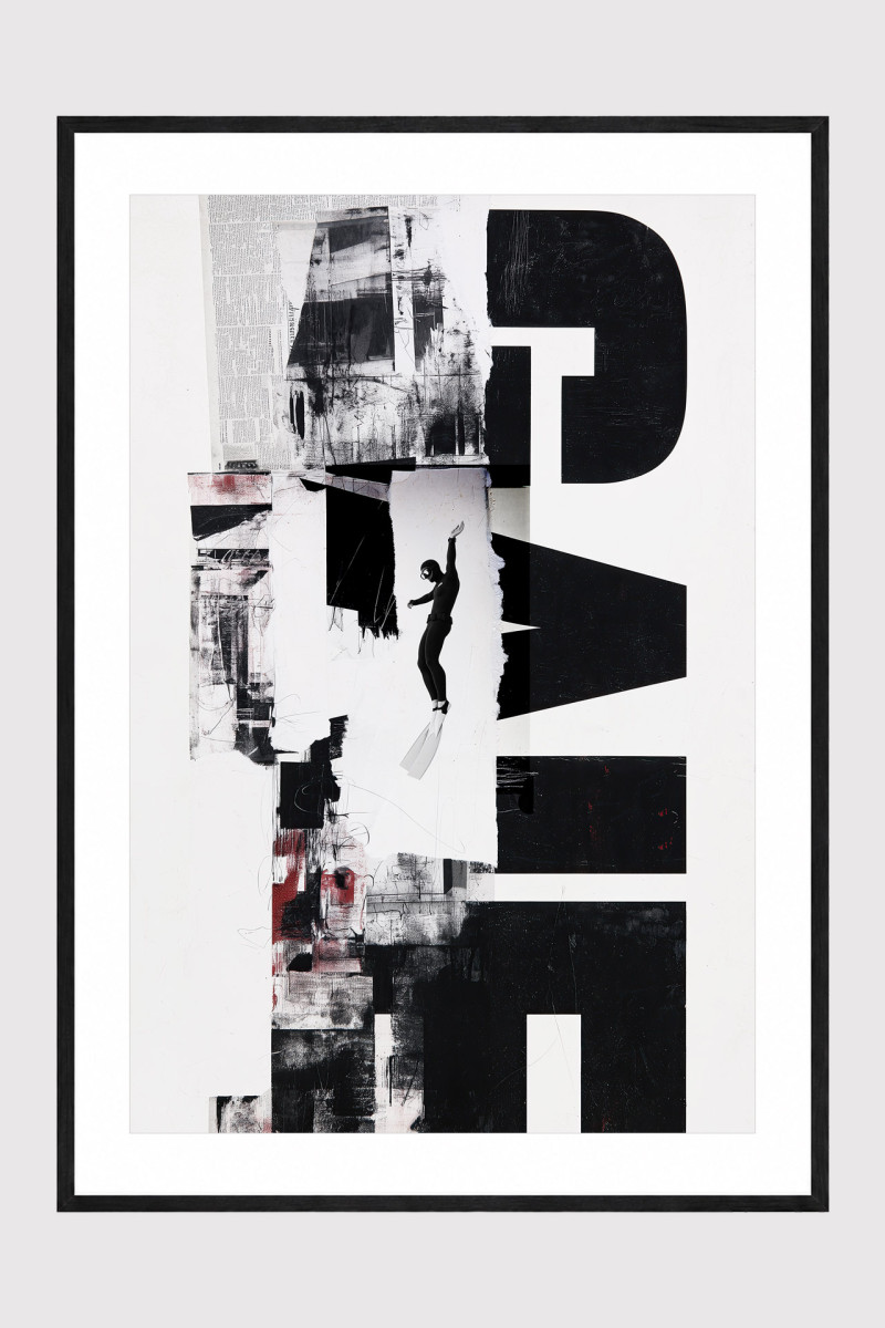 OFF SCRIPT framed Urban Art print with bold black typography, floating diver and matte black frame