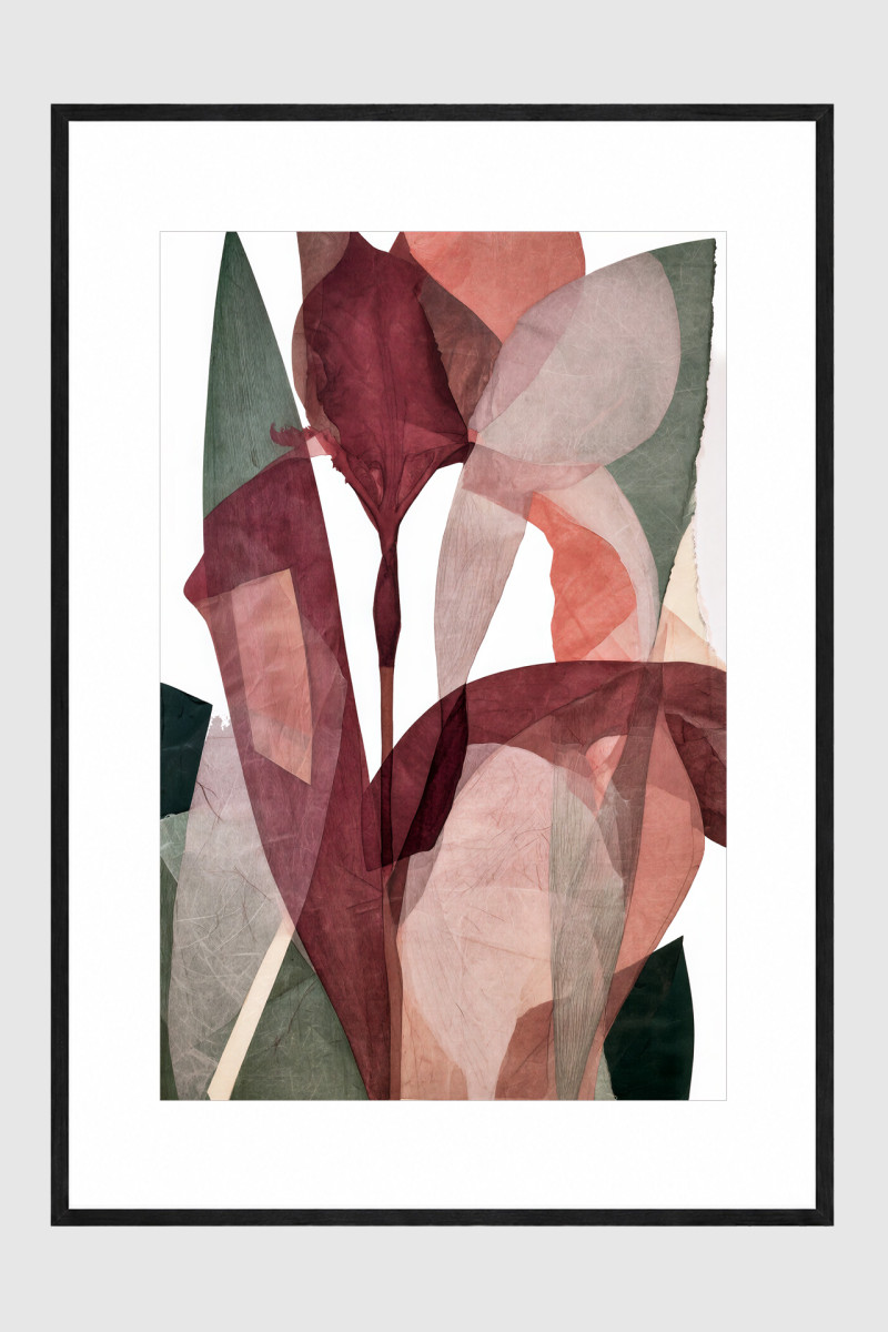 PETAL CLUB II – gerahmter Fine Art Print mit abstrakten botanischen Formen in Bordeaux, Korall und Grün