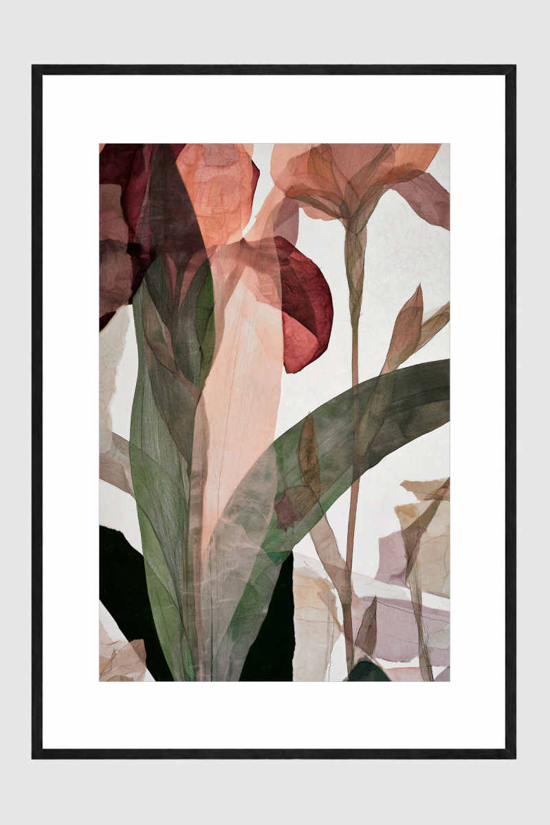 PETAL CLUB IV gerahmter Fine Art Print mit abstrakten floralen Formen in Bordeaux Apricot und Grün