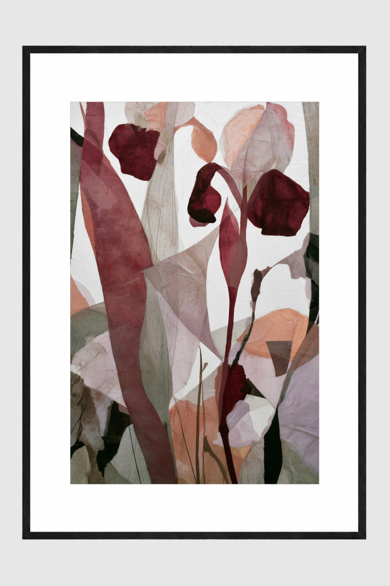 PETAL CLUB V gerahmter Fine Art Print mit moderner floraler Komposition in Bordeaux Apricot und Grün