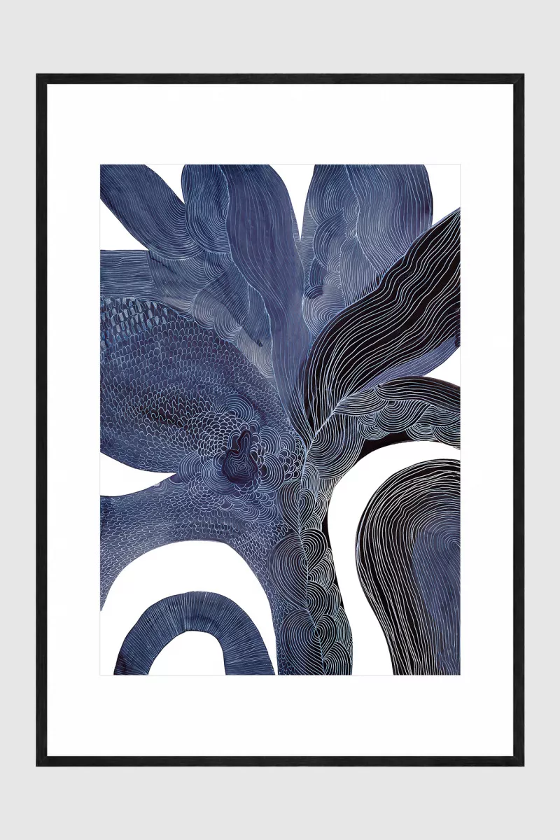 PETULA framed fine art print in deep indigo with organic linework and matte black frame