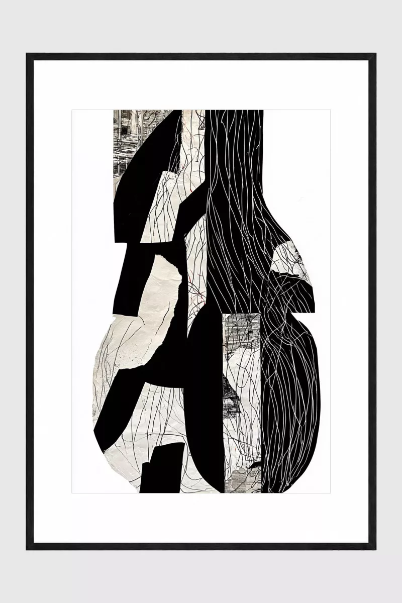 STUDIO NOTES – abstrakte Schwarz-Weiß-Collage als gerahmter Fine Art Print mit weißem Passepartout und mattschwarzem Rahmen